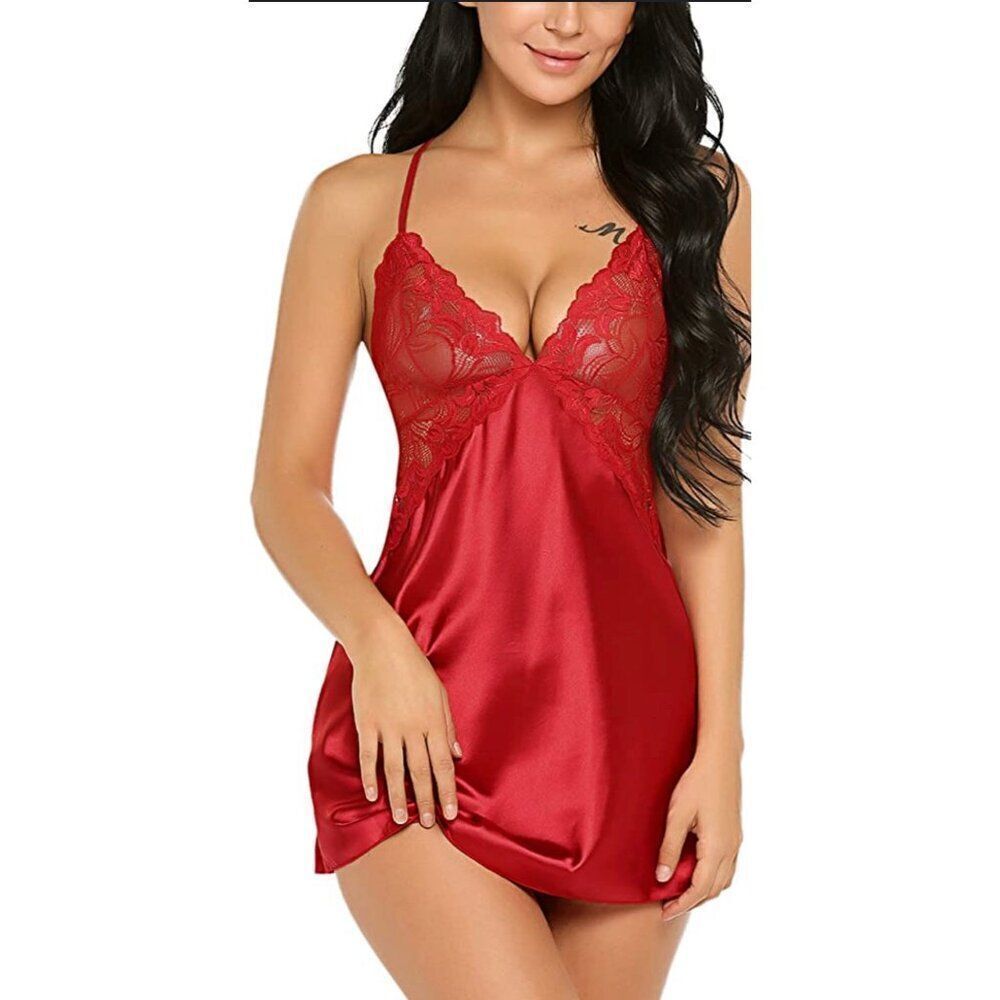 AvidLove Women Red V Neck Satin Lingerie Nightwear Size S